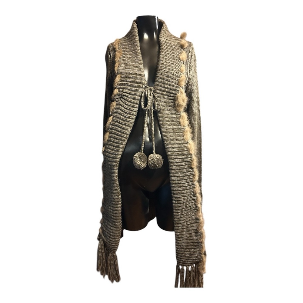 Lapis fur trim long sleeve front tie sweater